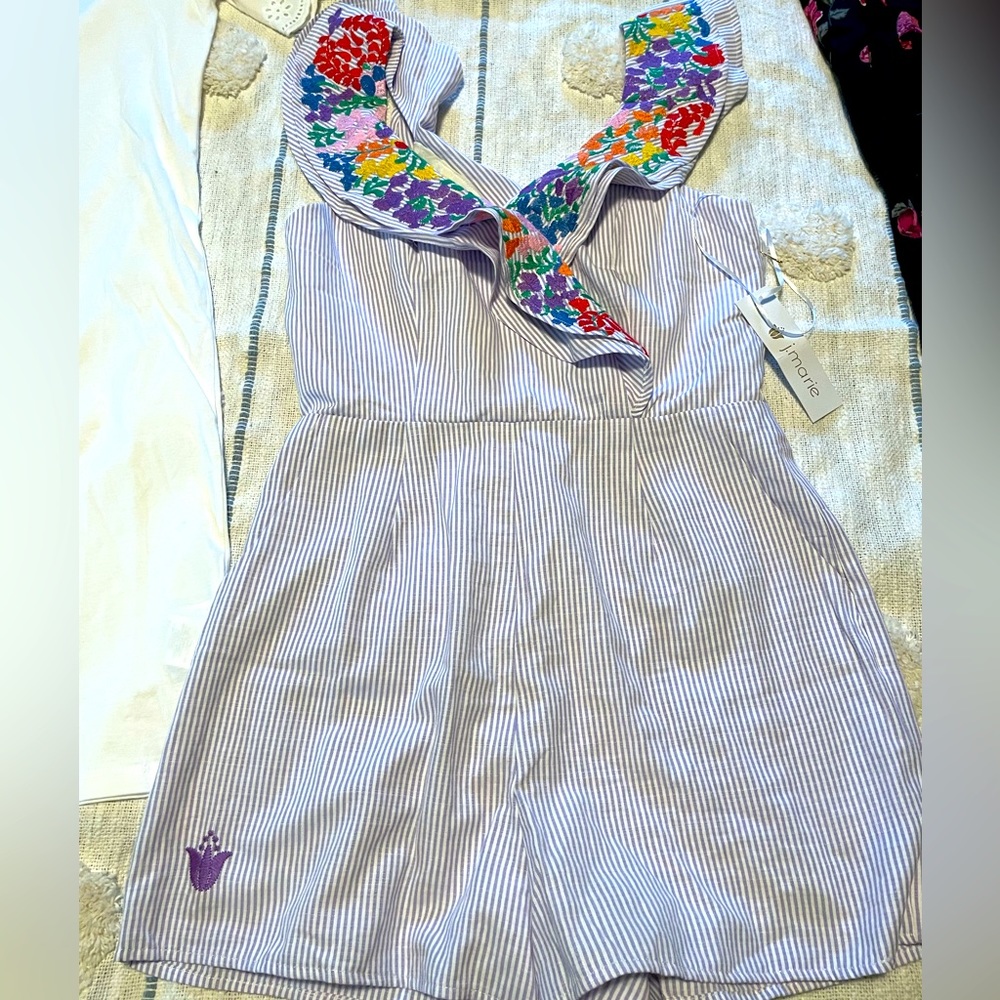 Vici romper, purple and white stripes with floral design. NWT! XS